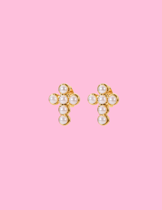 Cross Pearl Mini Studs