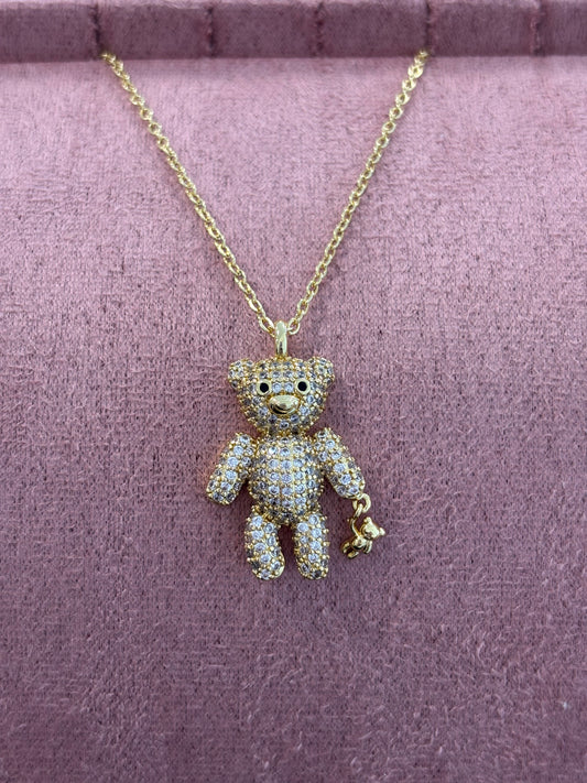 Gold Rhinestone Bear Necklace
