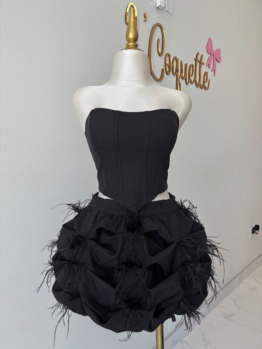 Black feather bubble skirt set